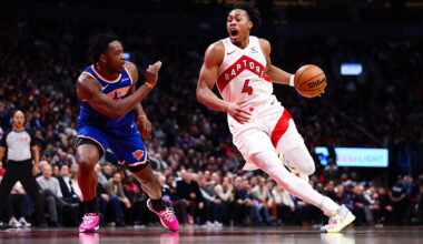 TORONTO, CANADA - JANUARY 28: Scottie Barnes #4 of the Toronto Raptors dribbles the ball against OG Anunoby #8 of the New York Knicks during the second half of their NBA game at Scotiabank Arena on January 28, 2026 in Toronto, Ontario, Canada. (NOTE TO USER: User expressly acknowledges and agrees that, by downloading and/or using this Photograph, user is consenting to the terms and conditions of the Getty Images License Agreement (Photo by Cole Burston/Getty Images)