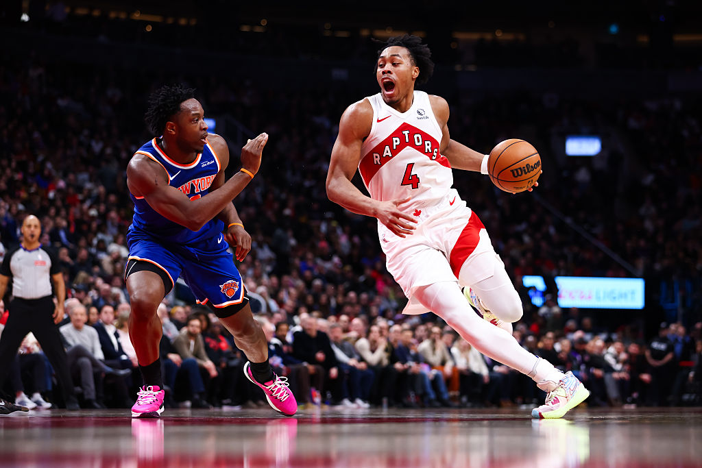 TORONTO, CANADA - JANUARY 28: Scottie Barnes #4 of the Toronto Raptors dribbles the ball against OG Anunoby #8 of the New York Knicks during the second half of their NBA game at Scotiabank Arena on January 28, 2026 in Toronto, Ontario, Canada. (NOTE TO USER: User expressly acknowledges and agrees that, by downloading and/or using this Photograph, user is consenting to the terms and conditions of the Getty Images License Agreement (Photo by Cole Burston/Getty Images)