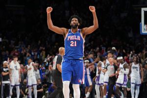 PHILADELPHIA, PA - JANUARY 29: Joel Embiid #21 of the Philadelphia 76ers celebrates during the game against the Sacramento Kings on January 29, 2026 at the Wells Fargo Center in Philadelphia, Pennsylvania NOTE TO USER: User expressly acknowledges and agrees that, by downloading and/or using this Photograph, user is consenting to the terms and conditions of the Getty Images License Agreement. Mandatory Copyright Notice: Copyright 2026 NBAE (Photo by Jesse D. Garrabrant/NBAE via Getty Images)