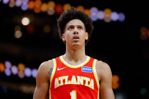 ATLANTA, GEORGIA - JANUARY 26: Jalen Johnson #1 of the Atlanta Hawks reacts during the third quarter against the Indiana Pacers at State Farm Arena on January 26, 2026 in Atlanta, Georgia. NOTE TO USER: User expressly acknowledges and agrees that, by downloading and or using this photograph, User is consenting to the terms and conditions of the Getty Images License Agreement. (Photo by Todd Kirkland/Getty Images)