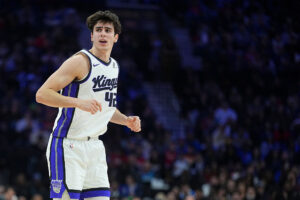 PHILADELPHIA, PENNSYLVANIA - JANUARY 29: Maxime Raynaud #42 of the Sacramento Kings looks on against the Philadelphia 76ers at Xfinity Mobile Arena on January 29, 2026 in Philadelphia, Pennsylvania. The 76ers defeated the Kings 113-111. NOTE TO USER: User expressly acknowledges and agrees that, by downloading and or using this photograph, User is consenting to the terms and conditions of the Getty Images License Agreement. (Photo by Mitchell Leff/Getty Images)
