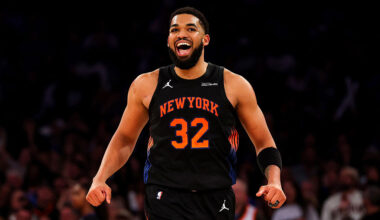 NEW YORK, NEW YORK - FEBRUARY 10: Karl-Anthony Towns #32 of the New York Knicks celebrates to a basket during the second quarter against the Indiana Pacers at Madison Square Garden on February 10, 2026 in New York City. NOTE TO USER: User expressly acknowledges and agrees that, by downloading and or using this photograph, user is consenting to the terms and conditions of the Getty Images License Agreement. (Photo by Ishika Samant/Getty Images)