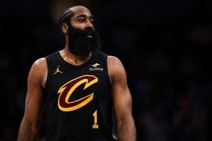 CHARLOTTE, NORTH CAROLINA - FEBRUARY 20: James Harden #1 of the Cleveland Cavaliers looks on during the second half of the basketball game against the Charlotte Hornets at Spectrum Center on February 20, 2026 in Charlotte, North Carolina. NOTE TO USER: User expressly acknowledges and agrees that, by downloading and or using this photograph, User is consenting to the terms and conditions of the Getty Images License Agreement. (Photo by David Jensen/Getty Images)