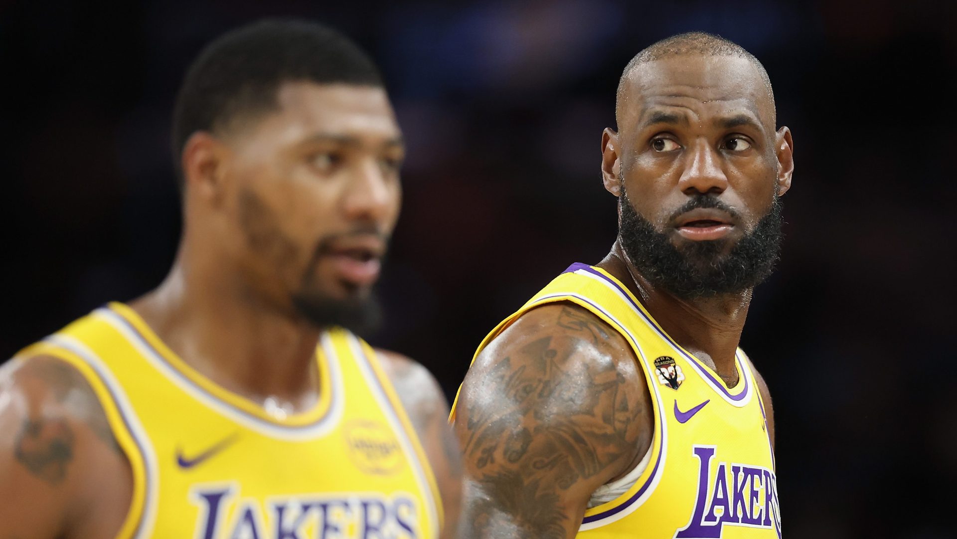 LeBron James and Marcus Smart during Lakers Game 3 win vs Rockets