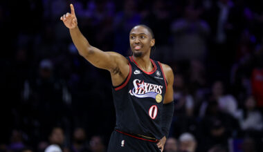 PHILADELPHIA, PENNSYLVANIA - FEBRUARY 26: Tyrese Maxey #0 of the Philadelphia 76ers reacts as he becomes the franchise leader in three point basket made during the first quarter against the Miami Heat at Xfinity Mobile Arena on February 26, 2026 in Philadelphia, Pennsylvania. NOTE TO USER: User expressly acknowledges and agrees that, by downloading and or using this photograph, User is consenting to the terms and conditions of the Getty Images License Agreement. (Photo by Isaiah Vazquez/Getty Images)