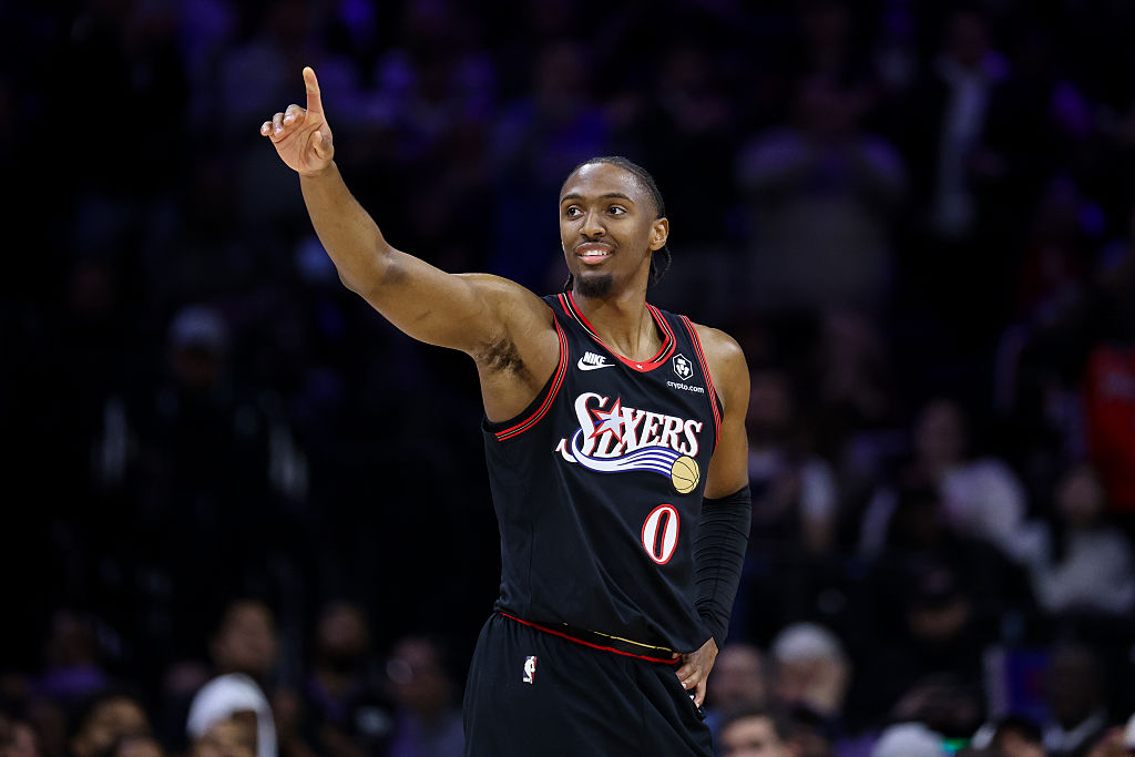 PHILADELPHIA, PENNSYLVANIA - FEBRUARY 26: Tyrese Maxey #0 of the Philadelphia 76ers reacts as he becomes the franchise leader in three point basket made during the first quarter against the Miami Heat at Xfinity Mobile Arena on February 26, 2026 in Philadelphia, Pennsylvania. NOTE TO USER: User expressly acknowledges and agrees that, by downloading and or using this photograph, User is consenting to the terms and conditions of the Getty Images License Agreement. (Photo by Isaiah Vazquez/Getty Images)