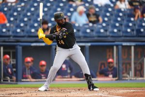 WEST PALM BEACH, FLORIDA - FEBRUARY 28: Marcell Ozuna #24 of the Pittsburgh Pirates at bat during a spring training game against the Houston Astros at CACTI Park of the Palm Beaches on February 28, 2026 in West Palm Beach, Florida. (Photo by Rich Storry/Getty Images)