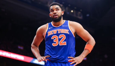 TORONTO, CANADA - MARCH 3: Karl-Anthony Towns #32 of the New York Knicks looks on during the second half of their NBA game against the Toronto Raptors at Scotiabank Arena on March 3, 2026 in Toronto, Ontario, Canada. NOTE TO USER: User expressly acknowledges and agrees that, by downloading and or using this photograph, User is consenting to the terms and conditions of the Getty Images License Agreement. (Photo by Cole Burston/Getty Images)