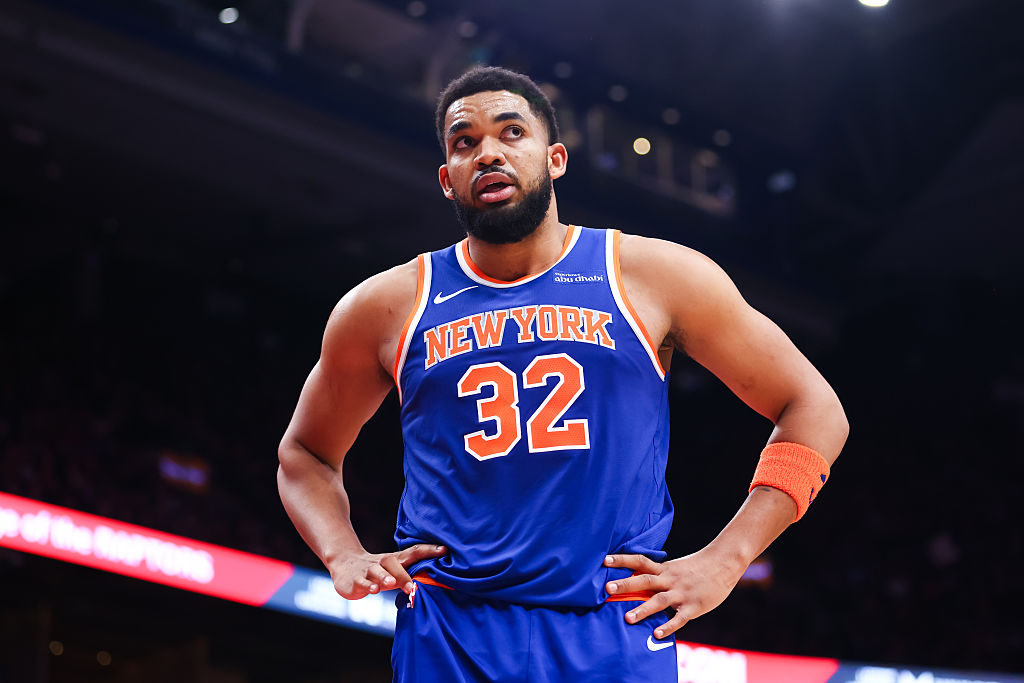 TORONTO, CANADA - MARCH 3: Karl-Anthony Towns #32 of the New York Knicks looks on during the second half of their NBA game against the Toronto Raptors at Scotiabank Arena on March 3, 2026 in Toronto, Ontario, Canada. NOTE TO USER: User expressly acknowledges and agrees that, by downloading and or using this photograph, User is consenting to the terms and conditions of the Getty Images License Agreement. (Photo by Cole Burston/Getty Images)