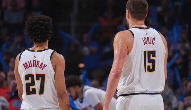 OKLAHOMA CITY, OK - MARCH 9: Jamal Murray #27 and Nikola Jokic #15 of the Denver Nuggets looks on during the game against the Oklahoma City Thunder on March 9, 2026 at Paycom Center in Oklahoma City, Oklahoma. NOTE TO USER: User expressly acknowledges and agrees that, by downloading and or using this photograph, User is consenting to the terms and conditions of the Getty Images License Agreement. Mandatory Copyright Notice: Copyright 2026 NBAE (Photo by Garrett Ellwood/NBAE via Getty Images)