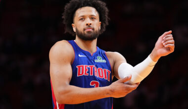 MIAMI, FLORIDA - MARCH 08: Cade Cunningham #2 of the Detroit Pistons looks on against the Miami Heat during the second quarter at Kaseya Center on March 08, 2026 in Miami, Florida. NOTE TO USER: User expressly acknowledges and agrees that, by downloading and or using this photograph, User is consenting to the terms and conditions of the Getty Images License Agreement. (Photo by Rich Storry/Getty Images)