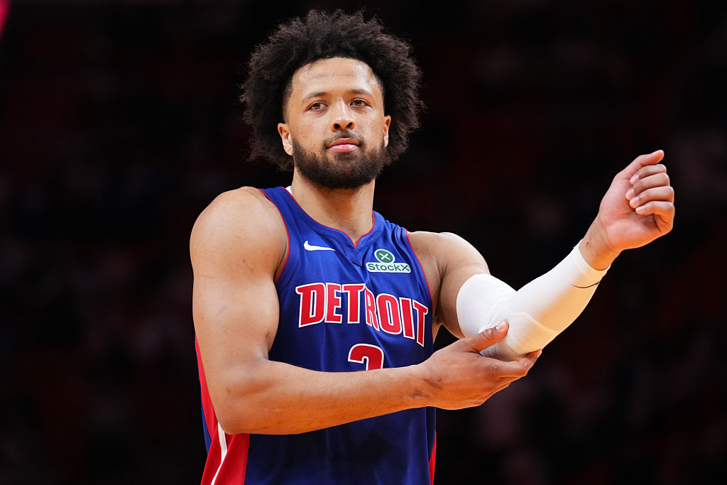 MIAMI, FLORIDA - MARCH 08: Cade Cunningham #2 of the Detroit Pistons looks on against the Miami Heat during the second quarter at Kaseya Center on March 08, 2026 in Miami, Florida. NOTE TO USER: User expressly acknowledges and agrees that, by downloading and or using this photograph, User is consenting to the terms and conditions of the Getty Images License Agreement. (Photo by Rich Storry/Getty Images)