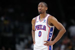 ATLANTA, GEORGIA - MARCH 07: Tyrese Maxey #0 of the Philadelphia 76ers reacts against the Atlanta Hawks during a game at State Farm Arena on March 07, 2026 in Atlanta, Georgia. NOTE TO USER: User expressly acknowledges and agrees that, by downloading and or using this Photograph, user is consenting to the terms and conditions of the Getty Images License Agreement. (Photo by Jonathan Bachman/Getty Images)