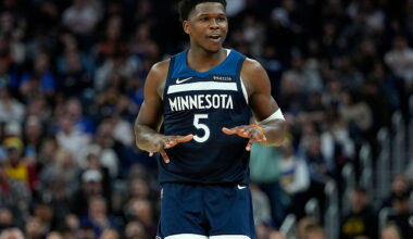 SAN FRANCISCO, CALIFORNIA - MARCH 13: Anthony Edwards #5 of the Minnesota Timberwolves reacts after making a three-point shot against the Golden State Warriors in the second half at Chase Center on March 13, 2026 in San Francisco, California. NOTE TO USER: User expressly acknowledges and agrees that, by downloading and or using this photograph, User is consenting to the terms and conditions of the Getty Images License Agreement. (Photo by Thearon W. Henderson/Getty Images)