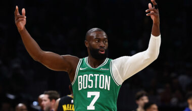 BOSTON, MA - MARCH 18: Jaylen Brown #7 of the Boston Celtics celebrates after a three point basket against the Golden State Warriors during the first quarter at TD Garden on March 18, 2026 in Boston, Massachusetts. NOTE TO USER: User expressly acknowledges and agrees that, by downloading and/or using this Photograph, user is consenting to the terms and conditions of the Getty Images License Agreement. (Photo By Winslow Townson/Getty Images)