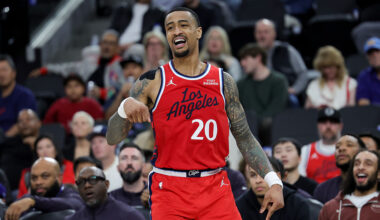 INGLEWOOD, CALIFORNIA - MARCH 14: John Collins #20 of the Los Angeles Clippers reacts during an NBA game against the Sacramento Kings at Intuit Dome on March 14, 2026 in Inglewood, California. NOTE TO USER: User expressly acknowledges and agrees that, by downloading and or using this photograph, User is consenting to the terms and conditions of the Getty Images License Agreement. (Photo by Ryan Sun/Getty Images)