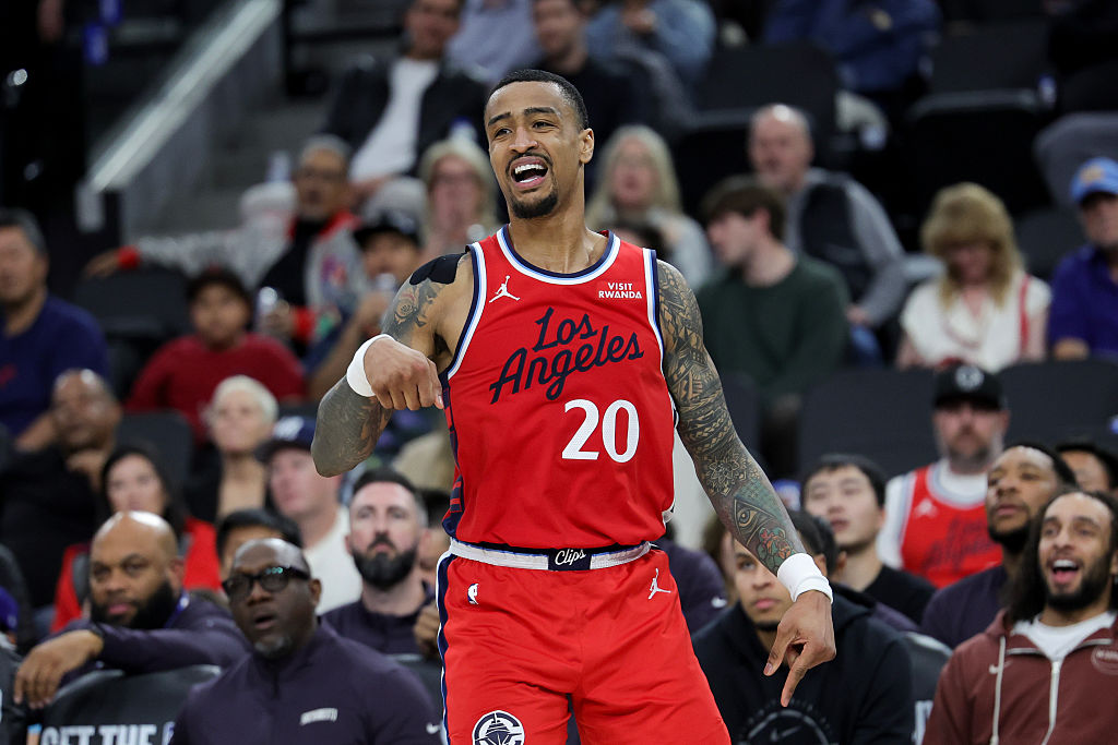 INGLEWOOD, CALIFORNIA - MARCH 14: John Collins #20 of the Los Angeles Clippers reacts during an NBA game against the Sacramento Kings at Intuit Dome on March 14, 2026 in Inglewood, California. NOTE TO USER: User expressly acknowledges and agrees that, by downloading and or using this photograph, User is consenting to the terms and conditions of the Getty Images License Agreement. (Photo by Ryan Sun/Getty Images)