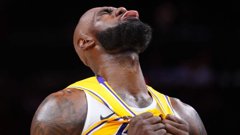 LeBron James reacts during a Los Angeles Lakers game before Rockets playoff series