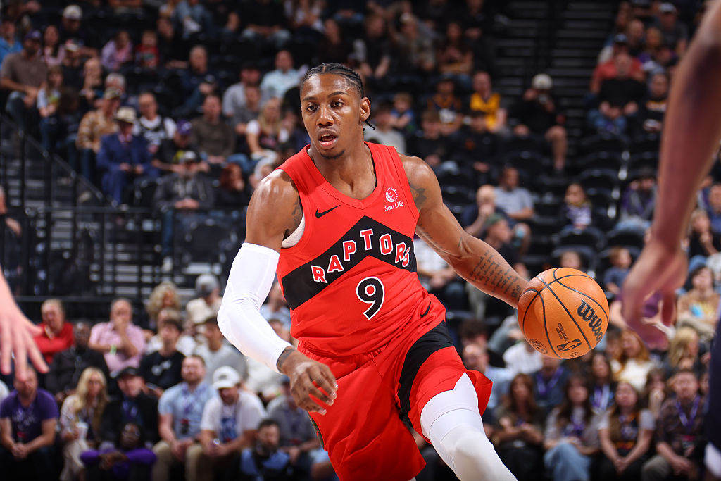 SALT LAKE CITY, UT - MARCH 23: RJ Barrett #9 of the Toronto Raptors handles the ball during the game against the Utah Jazz on March 23, 2026 at Delta Center in Salt Lake City, Utah. NOTE TO USER: User expressly acknowledges and agrees that, by downloading and or using this Photograph, User is consenting to the terms and conditions of the Getty Images License Agreement. Mandatory Copyright Notice: Copyright 2026 NBAE (Photo by Melissa Majchrzak/NBAE via Getty Images)