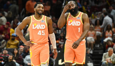 CLEVELAND, OHIO - MARCH 24: Donovan Mitchell #45 and James Harden #1 of the Cleveland Cavaliers react during the second half against the Orlando Magic at Rocket Arena on March 24, 2026 in Cleveland, Ohio. NOTE TO USER: User expressly acknowledges and agrees that, by downloading and or using this photograph, User is consenting to the terms and conditions of the Getty Images License Agreement. (Photo by Nick Cammett/Getty Images)