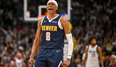 DENVER , CO - MARCH 25: Peyton Watson (8) of the Denver Nuggets reacts to making a corner three pointer during the fourth quarter of the Nuggets' 142-135 win over the Dallas Mavericks at Ball Arena in Denver, Colorado on Wednesday, March 25, 2026. (Photo by AAron Ontiveroz/The Denver Post)