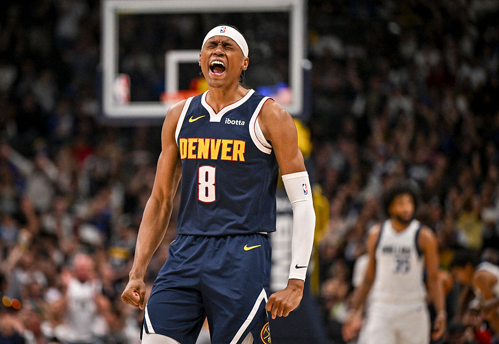 DENVER , CO - MARCH 25: Peyton Watson (8) of the Denver Nuggets reacts to making a corner three pointer during the fourth quarter of the Nuggets' 142-135 win over the Dallas Mavericks at Ball Arena in Denver, Colorado on Wednesday, March 25, 2026. (Photo by AAron Ontiveroz/The Denver Post)