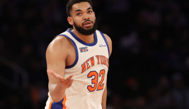 NEW YORK, NEW YORK - MARCH 22: Karl-Anthony Towns #32 of the New York Knicks reacts after scoring a three point basket during the third quarter against the Washington Wizardsat Madison Square Garden on March 22, 2026 in New York City. NOTE TO USER: User expressly acknowledges and agrees that, by downloading and or using this photograph, User is consenting to the terms and conditions of the Getty Images License Agreement. (Photo by Pamela Smith/Getty Images)