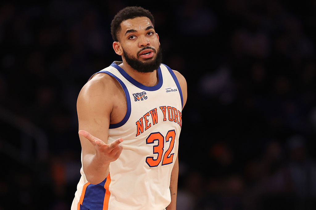 NEW YORK, NEW YORK - MARCH 22: Karl-Anthony Towns #32 of the New York Knicks reacts after scoring a three point basket during the third quarter against the Washington Wizardsat Madison Square Garden on March 22, 2026 in New York City. NOTE TO USER: User expressly acknowledges and agrees that, by downloading and or using this photograph, User is consenting to the terms and conditions of the Getty Images License Agreement. (Photo by Pamela Smith/Getty Images)