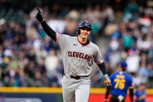 SEATTLE, WASHINGTON - MARCH 27: Chase DeLauter #24 of the Cleveland Guardians celebrates after hitting a home run on a fly ball to right center field during the first inning against the Seattle Mariners at T-Mobile Park on March 27, 2026 in Seattle, Washington. (Photo by Maddy Grassy/Getty Images)