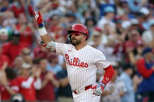 PHILADELPHIA, PENNSYLVANIA - MARCH 26: Kyle Schwarber #12 of the Philadelphia Phillies celebrates after hitting a two-run home run in the first inning against the Texas Rangers on Opening Day at Citizens Bank Park on March 26, 2026 in Philadelphia, Pennsylvania. (Photo by Emilee Chinn/Getty Images)