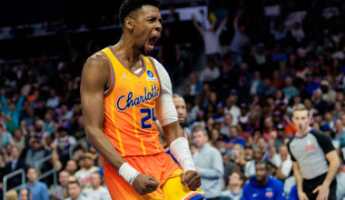 CHARLOTTE, NORTH CAROLINA - MARCH 26: Brandon Miller #24 of the Charlotte Hornets reacts after dunking the ball in the second half against the New York Knicks during their game at Spectrum Center on March 26, 2026 in Charlotte, North Carolina. NOTE TO USER: User expressly acknowledges and agrees that, by downloading and or using this photograph, User is consenting to the terms and conditions of the Getty Images License Agreement. (Photo by Jacob Kupferman/Getty Images)