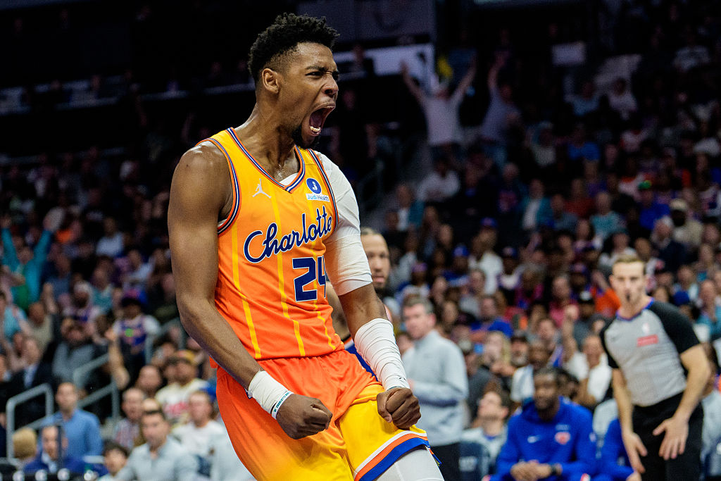 CHARLOTTE, NORTH CAROLINA - MARCH 26: Brandon Miller #24 of the Charlotte Hornets reacts after dunking the ball in the second half against the New York Knicks during their game at Spectrum Center on March 26, 2026 in Charlotte, North Carolina. NOTE TO USER: User expressly acknowledges and agrees that, by downloading and or using this photograph, User is consenting to the terms and conditions of the Getty Images License Agreement. (Photo by Jacob Kupferman/Getty Images)