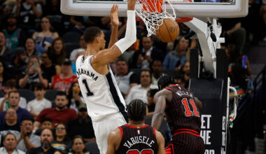 SAN ANTONIO, TX -MARCH 30: Victor Wembanyama #1 of the San Antonio Spurs dunks over the Chicago Bulls in the first half at Frost Bank Center on March 30, 2026 in San Antonio, Texas. NOTE TO USER: User expressly acknowledges and agrees that, by downloading and or using this photograph, User is consenting to terms and conditions of the Getty Images License Agreement. (Photo by Ronald Cortes/Getty Images)