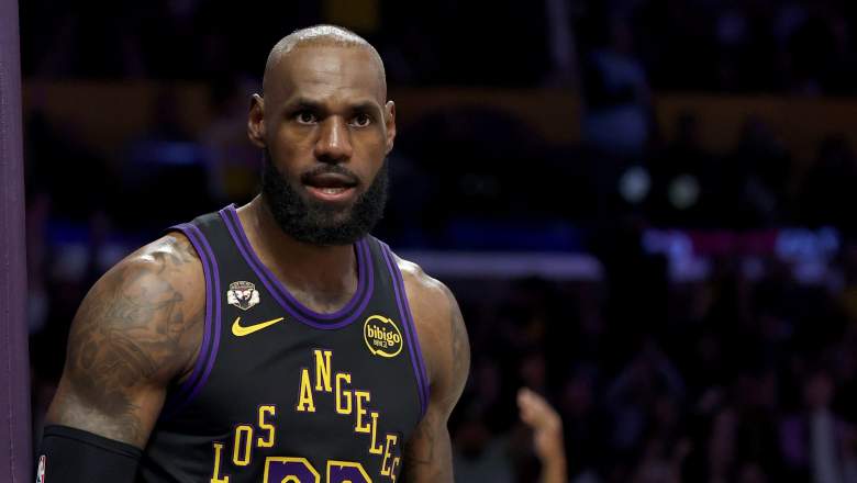 LeBron James reacts during Los Angeles Lakers game against Cleveland Cavaliers at Crypto.com Arena