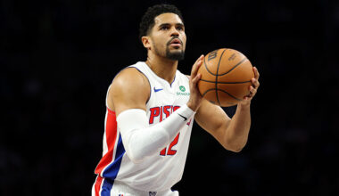 MINNEAPOLIS, MINNESOTA - MARCH 28: Tobias Harris #12 of the Detroit Pistons shoots a free throw against the Minnesota Timberwolves in the first quarter at Target Center on March 28, 2026 in Minneapolis, Minnesota. NOTE TO USER: User expressly acknowledges and agrees that, by downloading and or using this photograph, User is consenting to the terms and conditions of the Getty Images License Agreement. (Photo by David Berding/Getty Images)