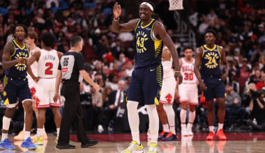 CHICAGO, ILLINOIS - APRIL 1: Pascal Siakam #43 of the Indiana Pacers celebrates during the first half against the Chicago Bulls at the United Center on April 1, 2026 in Chicago, Illinois. (NOTE TO USER: User expressly acknowledges and agrees that, by downloading and or using this photograph, User is consenting to the terms and conditions of the Getty Images License Agreement. (Photo by Geoff Stellfox/Getty Images)