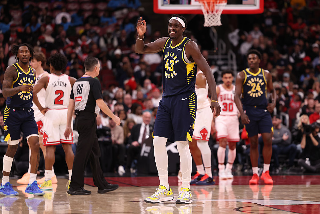 CHICAGO, ILLINOIS - APRIL 1: Pascal Siakam #43 of the Indiana Pacers celebrates during the first half against the Chicago Bulls at the United Center on April 1, 2026 in Chicago, Illinois. (NOTE TO USER: User expressly acknowledges and agrees that, by downloading and or using this photograph, User is consenting to the terms and conditions of the Getty Images License Agreement. (Photo by Geoff Stellfox/Getty Images)