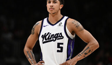 ATLANTA, GEORGIA - MARCH 28: Nique Clifford #5 of the Sacramento Kings looks on against the Atlanta Hawks during the third quarter at State Farm Arena on March 28, 2026 in Atlanta, Georgia. NOTE TO USER: User expressly acknowledges and agrees that, by downloading and or using this photograph, User is consenting to the terms and conditions of the Getty Images License Agreement. (Photo by Paras Griffin/Getty Images)