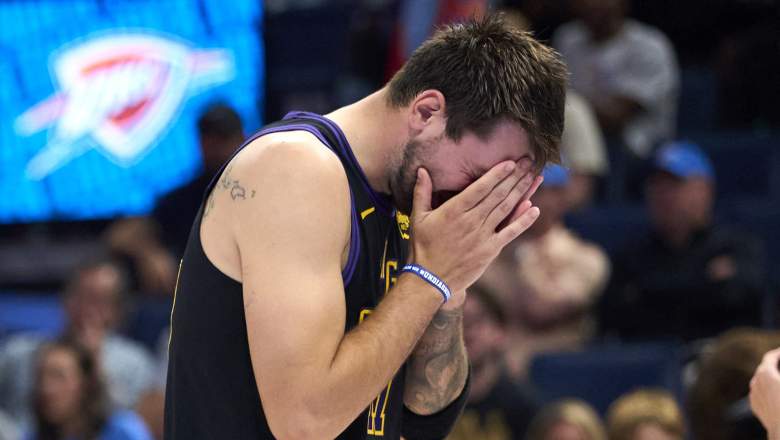 Luka Doncic #77 of the Los Angeles Lakers reacts after a play during the second half against the Oklahoma City Thunder.