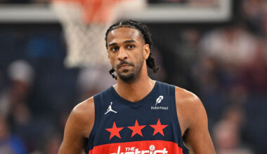 SAN FRANCISCO, CALIFORNIA - MARCH 27: Alex Sarr #20 of the Washington Wizards looks on against the Golden State Warriors in the first quarter at Chase Center on March 27, 2026 in San Francisco, California. NOTE TO USER: User expressly acknowledges and agrees that, by downloading and or using this photograph, User is consenting to the terms and conditions of the Getty Images License Agreement. (Photo by Eakin Howard/Getty Images)