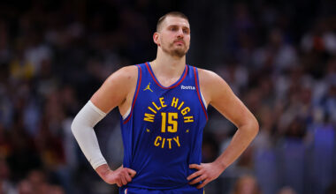 DENVER, CO - MARCH 29: Nikola Jokic #15 of the Denver Nuggets looks on during the second quarter against the Golden State Warriors at Ball Arena on March 29, 2026 in Denver, Colorado. NOTE TO USER: User expressly acknowledges and agrees that, by downloading and or using this photograph, User is consenting to the terms and conditions of the Getty Images License Agreement. (Photo by Justin Edmonds/Getty Images)