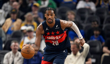 SAN FRANCISCO, CALIFORNIA - MARCH 27: Alex Sarr #20 of the Washington Wizards dribbles against the Golden State Warriors in the first quarter at Chase Center on March 27, 2026 in San Francisco, California. NOTE TO USER: User expressly acknowledges and agrees that, by downloading and or using this photograph, User is consenting to the terms and conditions of the Getty Images License Agreement. (Photo by Eakin Howard/Getty Images)