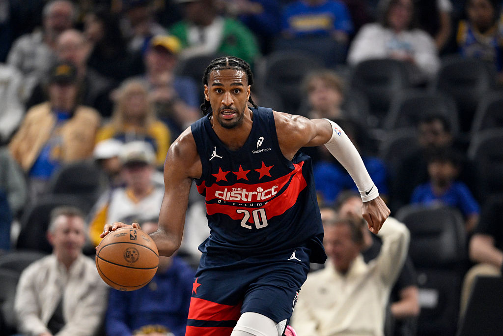 SAN FRANCISCO, CALIFORNIA - MARCH 27: Alex Sarr #20 of the Washington Wizards dribbles against the Golden State Warriors in the first quarter at Chase Center on March 27, 2026 in San Francisco, California. NOTE TO USER: User expressly acknowledges and agrees that, by downloading and or using this photograph, User is consenting to the terms and conditions of the Getty Images License Agreement. (Photo by Eakin Howard/Getty Images)