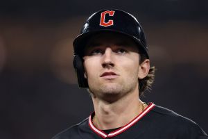 LOS ANGELES, CALIFORNIA - MARCH 30: Chase DeLauter #24 of the Cleveland Guardians looks on against the Los Angeles Dodgers at Dodger Stadium on March 30, 2026 in Los Angeles, California. (Photo by Luke Hales/Getty Images)
