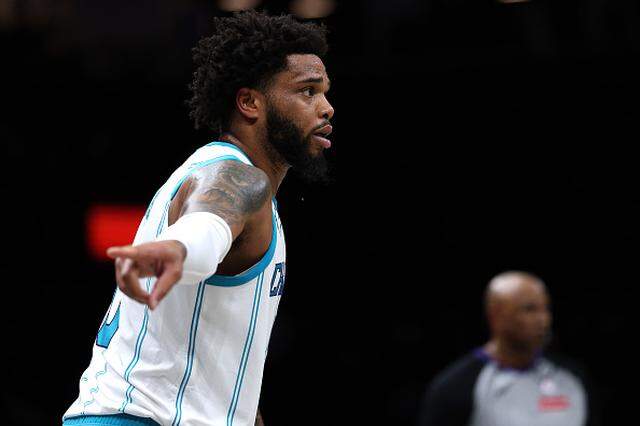 Miles Bridges of the Charlotte Hornets gestures.