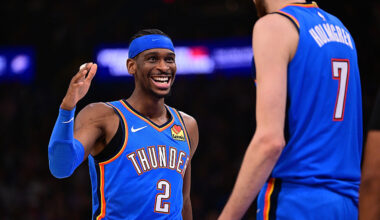 OKLAHOMA CITY, OKLAHOMA - APRIL 5: Shai Gilgeous-Alexander #2 and Chet Holmgren #7 of the Oklahoma City Thunder celebrate during the second half against the Utah Jazz at Paycom Center on April 5, 2026 in Oklahoma City, Oklahoma. NOTE TO USER: User expressly acknowledges and agrees that, by downloading and or using this photograph, User is consenting to the terms and conditions of the Getty Images License Agreement. (Photo by Joshua Gateley/Getty Images)