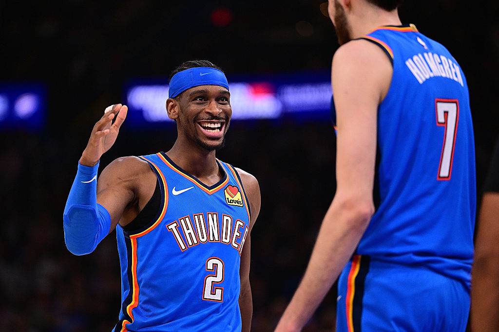 OKLAHOMA CITY, OKLAHOMA - APRIL 5: Shai Gilgeous-Alexander #2 and Chet Holmgren #7 of the Oklahoma City Thunder celebrate during the second half against the Utah Jazz at Paycom Center on April 5, 2026 in Oklahoma City, Oklahoma. NOTE TO USER: User expressly acknowledges and agrees that, by downloading and or using this photograph, User is consenting to the terms and conditions of the Getty Images License Agreement. (Photo by Joshua Gateley/Getty Images)