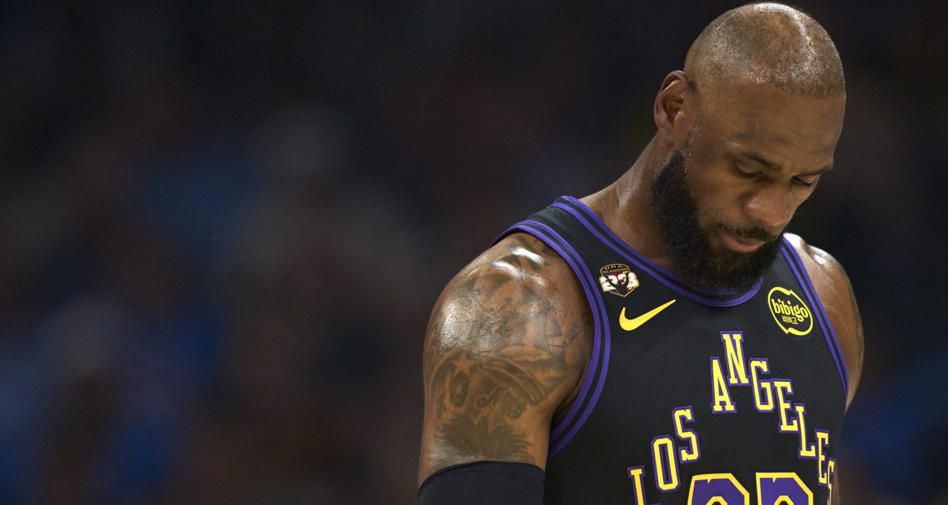 LeBron James #23 of the Los Angeles Lakers looks on against the Oklahoma City Thunder at the Paycom Center on April 2, 2026 in Oklahoma City, Oklahoma.