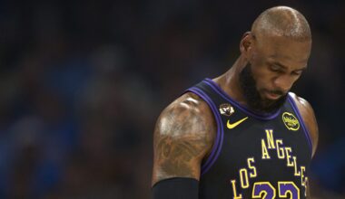 LeBron James #23 of the Los Angeles Lakers looks on against the Oklahoma City Thunder at the Paycom Center on April 2, 2026 in Oklahoma City, Oklahoma.