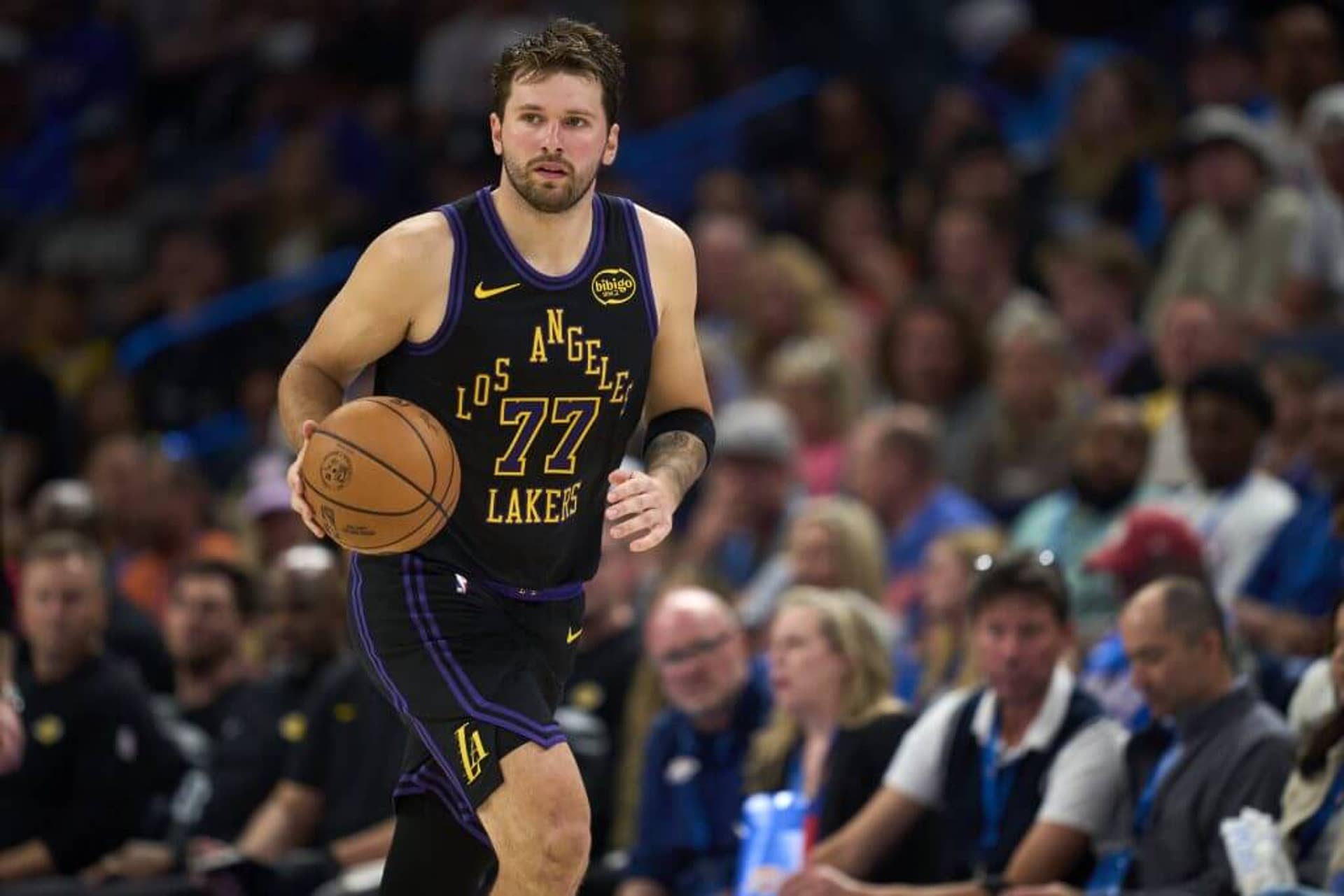Luka Doncic of the Los Angeles Lakers brings the ball up court against the Oklahoma City Thunder at the Paycom Center on April 2, 2026.
